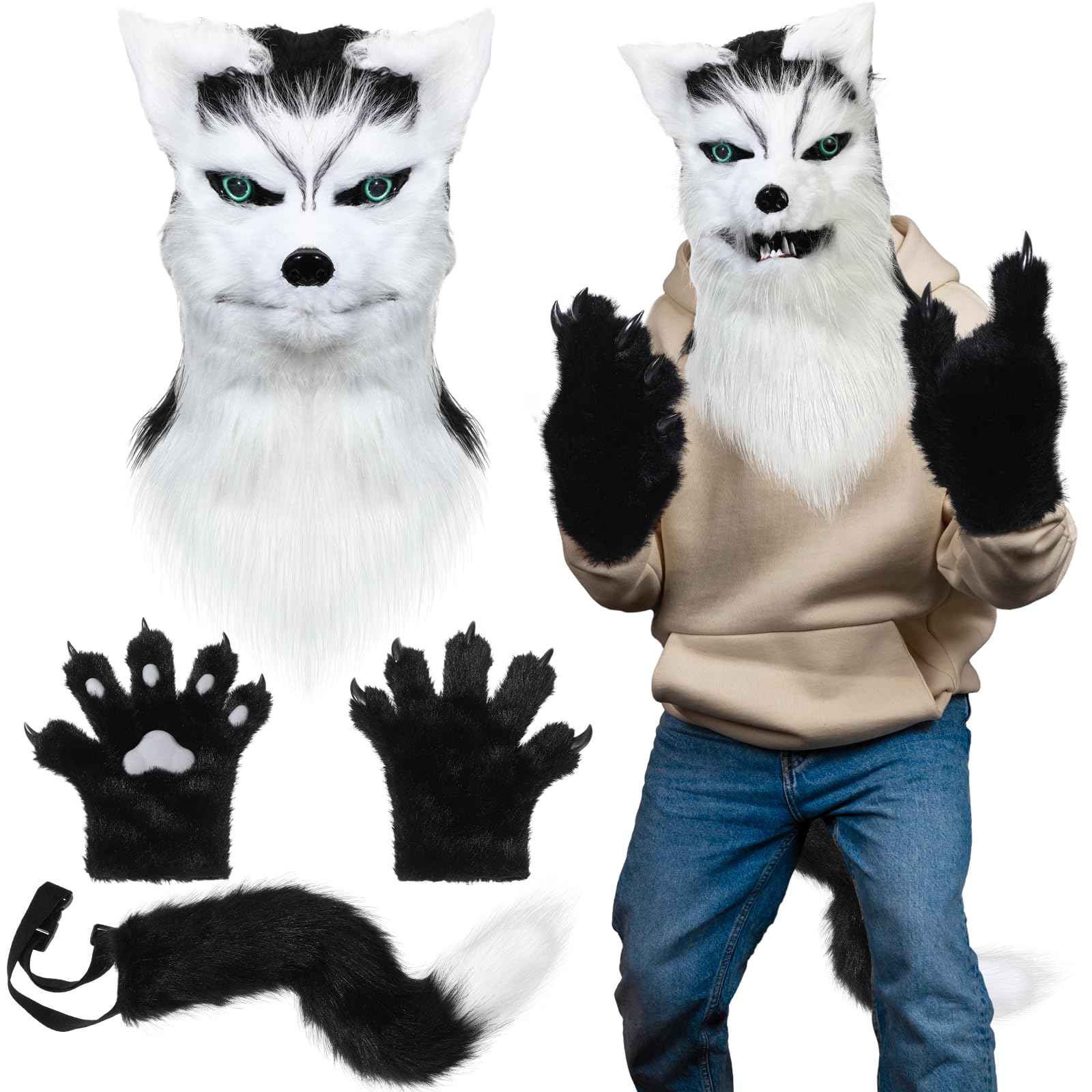 Photo 1 of ShinyMatch Realistic Wolf Masks and Tail Set Furry Claw Gloves Full Head Werewolf Horror Mask for Halloween Carnival Cosplay (Black and White)