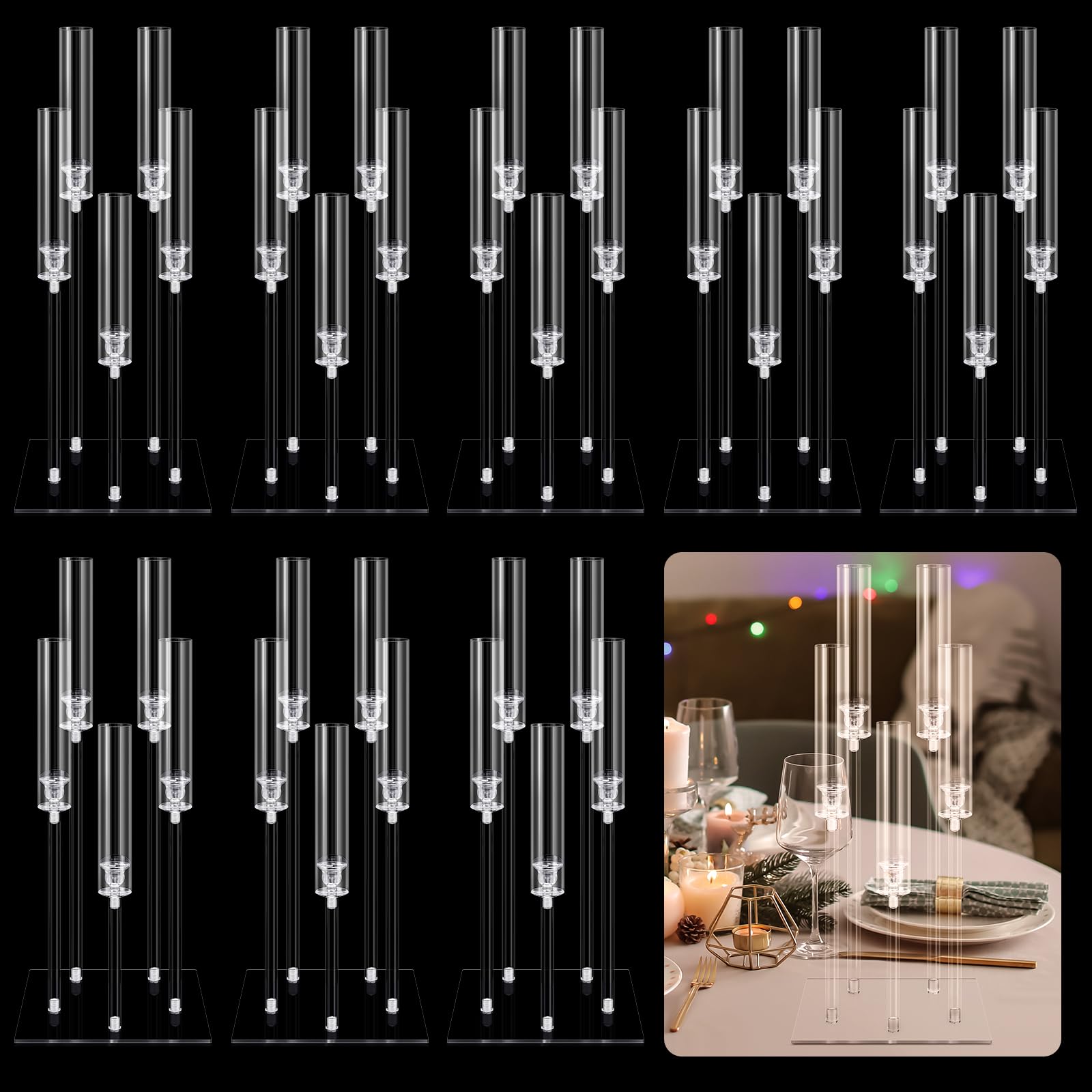Photo 1 of Hushee 8 Pcs Acrylic Candelabra Centerpieces 5 Arm Clear Candelabra Candle Holder Crystal Taper Candlestick with Rectangular Base Party Table Decoration Fit 0.87'' LED Candle(Classic)