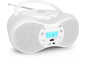 Boombox Portable CD Players for Home, JOVELL Stereo Sound System for Kids Seniors, AC/Battery Powered, Compatible with CDs/CD-R/CD-RW, Supports AUX Input/USB Input/Headphone, Sleep Timer (White X9C)