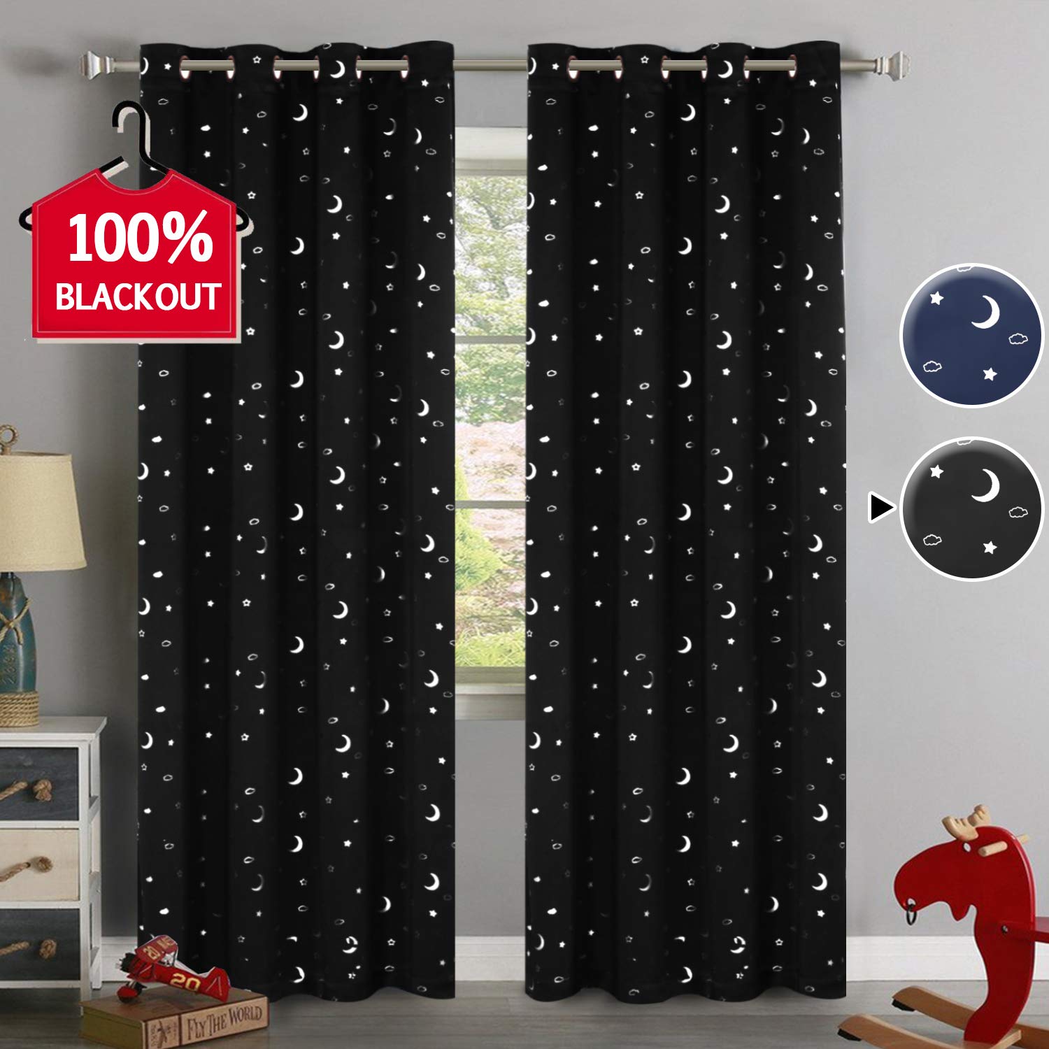 100% Blackout Curtains Starry Night Twinkle Moon and Star Pattern Galaxy Room Decor Thermal Insulated Nursery Window Drape with Grommet for Kid's Room Sold 2 Panels (Each 52" x 84", Black)