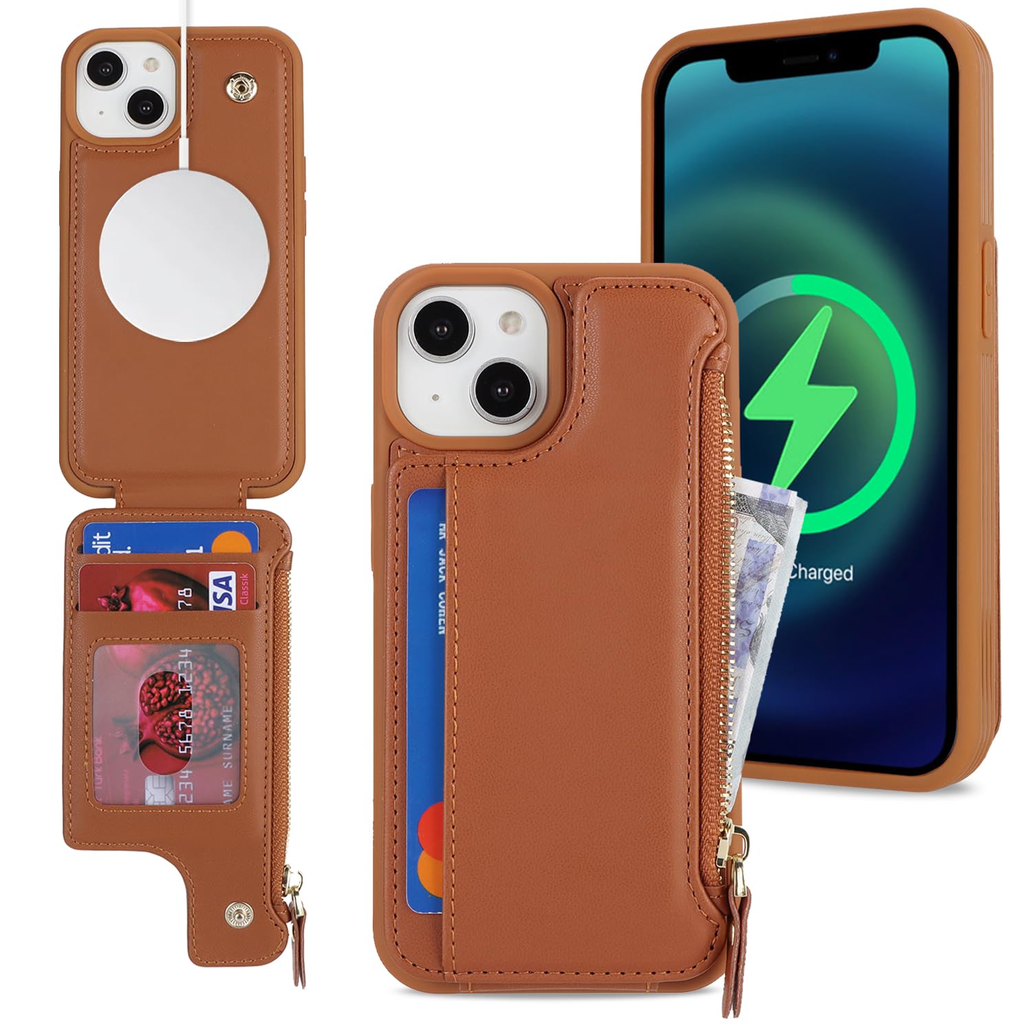 SailorTech iPhone 14 Plus Case with Credit Card Holder magsafe, iPhone 14 Plus Phone Leather Case Wallet for Women Compatible mag safe Card Slots Zipper Shockproof Case for Men - Brown — image 1