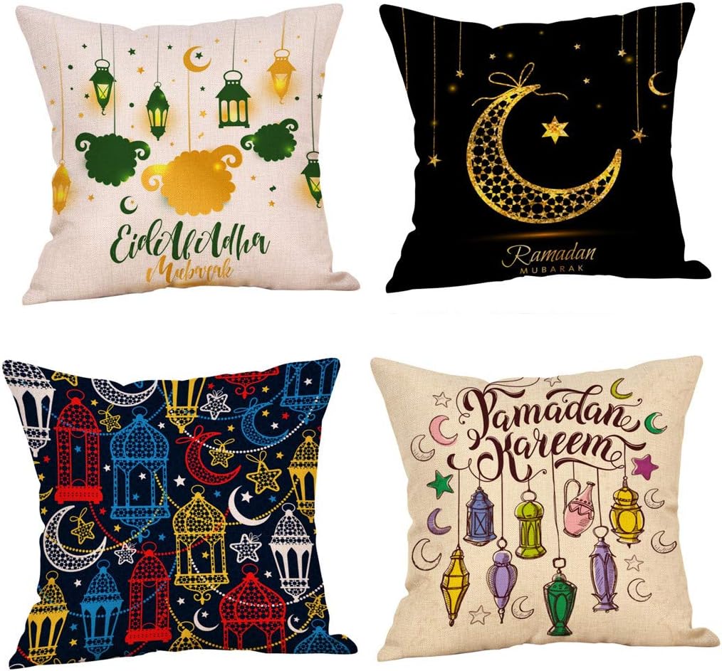 XUANOU Muslim Ramadan 4PCS Eid Al-Fitr Pillowcase Linen Cushion Cover Decoration Throw Pillow Cover Cushion Case Home Sofa 45cm x 45cm/18"x 18" (A)