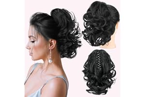 Isaic Claw Clip in Ponytails Extension for Women 9 Inch Black Curly Short Pony Tails Hair Extensions Classic Loose Wavy Hair Pieces for Women（1B）
