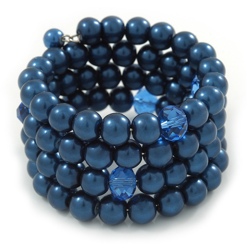 Avalaya Dark Blue Glass Bead Coiled Flex Bracelet - Adjustable