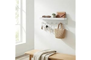 Key Holder Wall Mount, Adhesive Mail Organizer Tray with 6 Key Hooks for Wall, White, 9.65 Inch