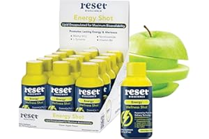 RESET Bioscience Energy Wellness Shot - Sugar Free Natural Daily Energy Booster - B Vitamins + Amino Acids + Lipids - Caffeine Free Focus - No Artificial Ingredients, Non-GMO, GF (Green Apple 15 Pk)