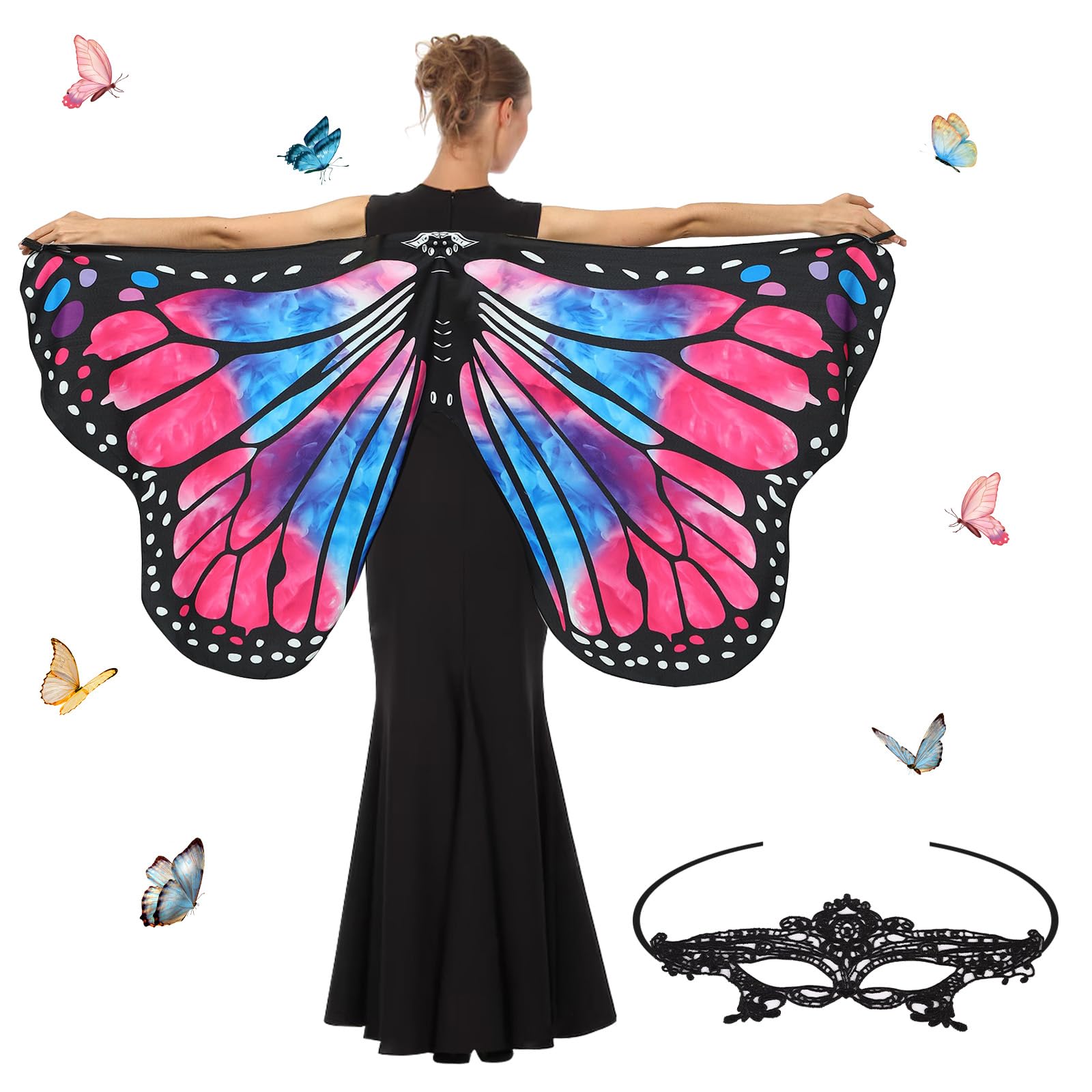 Niuoppy Butterfly Wings Adult Butterfly Costume Women Butterfly Wings Shawl Butterfly Cape with Mask Fancy Dress Capes for Party Cosplay Dancing (Style02)
