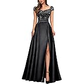 Miusol Women's Elegant V-Neck Sequin Lace Contrast Satin Split Bridesmaid Maxi Dress