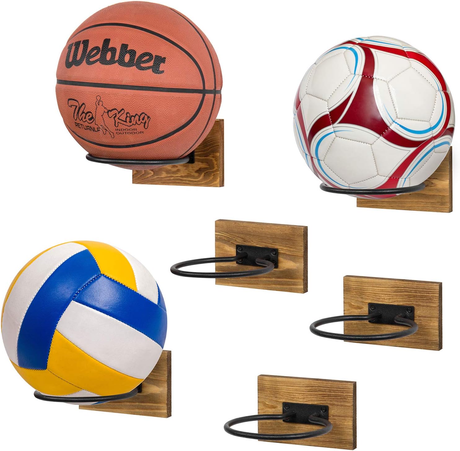 MyGift Wood & Metal Wall-Mounted Sports Ball Holder Storage, Set of 2: Sports & Outdoors