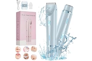 ANGELBEE Glow Aura Womens Shaver, 2 in 1 Bikini Trimmer for Women USB Rechargeable, IPX7 Waterproof Wet & Dry Electric Razors, Painless Hair Remover for Bikini Underarm Leg Arm Body Face, Blue