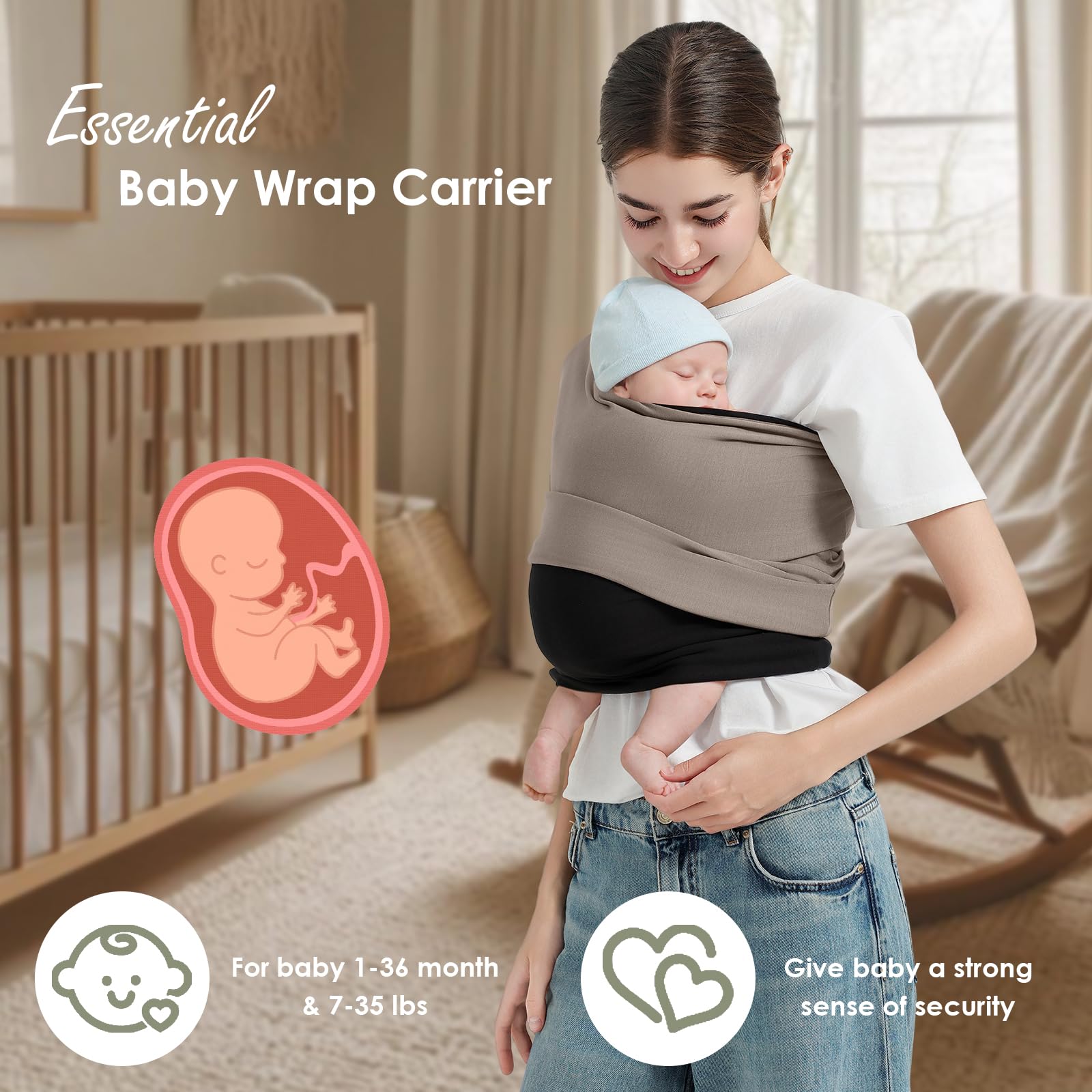 Shiaon Baby Wrap Carrier, Lightweight Baby Wearing Wraps for Newborn and Infant, Soft Swaddle Holder Carrier, Cozy Baby Sling 7-35 lbs Black+Brown