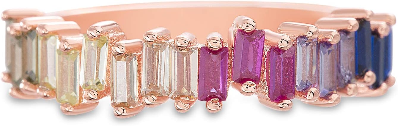 LESA MICHELE Rose Gold Plated Sterling Silver Rainbow Baguette Cubic Zirconia Fashion Band for Women