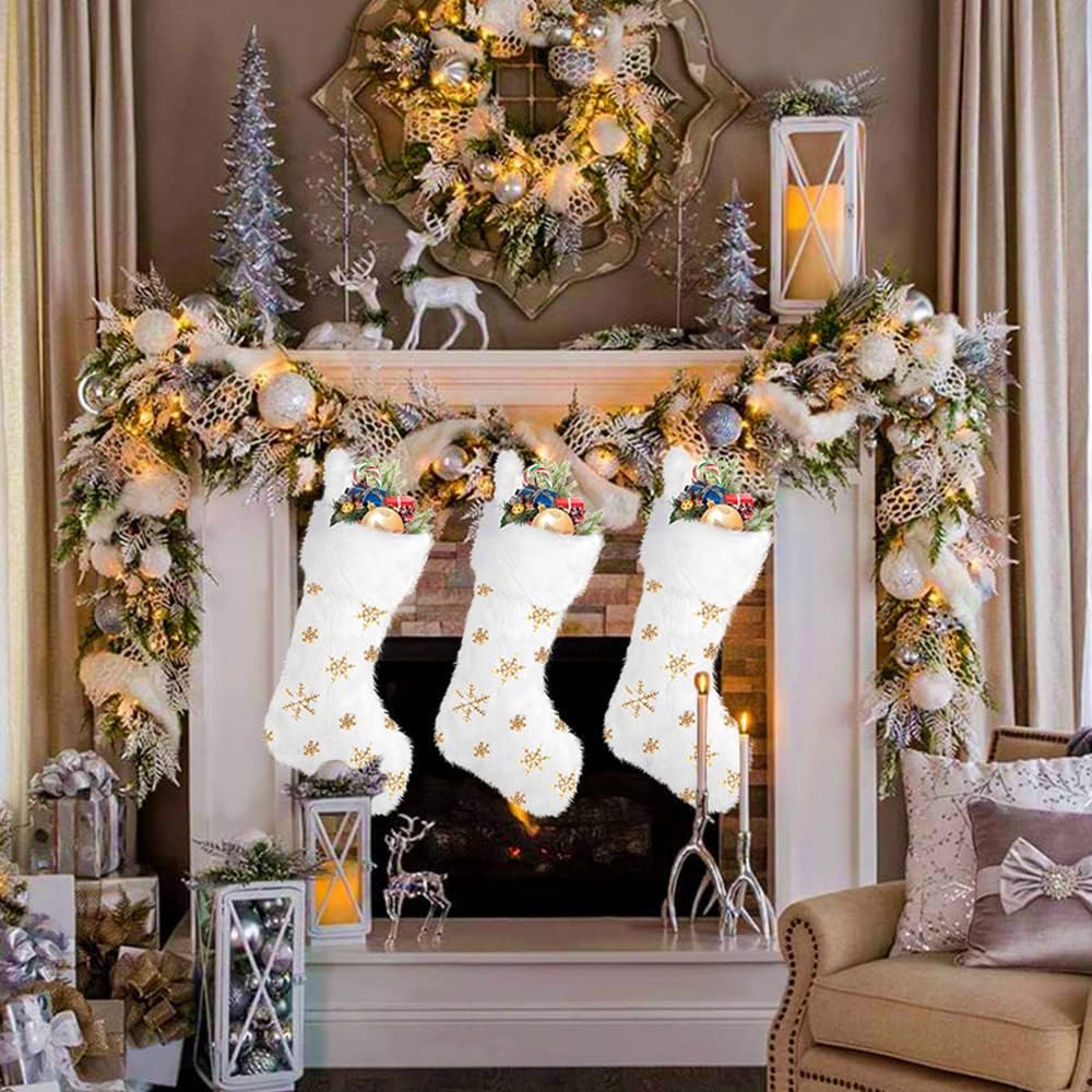 Stockings & Holders - XIMISHOP 3 Pack Christmas Stockings, 18 Inch Large Faux Fur Sequin Snowflake Christmas Stockings，Snowy White Xmas Stockings Hanging Ornaments for Christmas Holiday New Year Decorations