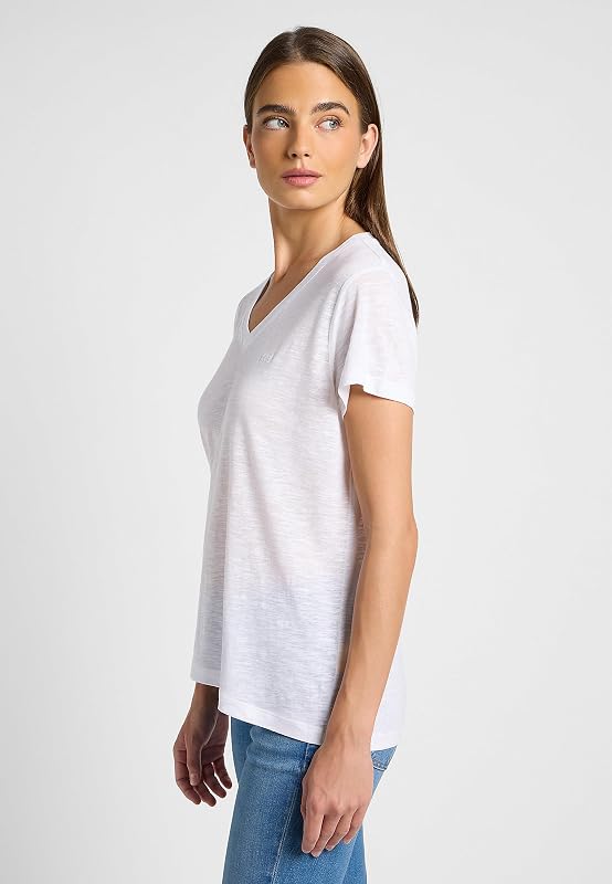 - Tee Shirt Femme - Coupe Regular - V Neck Tee - Blanc Éclatant