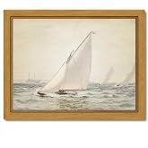 BIWSHA Vintage Rusitc Ship Sailing Wall Art Decor, Coastal Ocean Sailing Landscape Wooden Framed Wall Art Decor, Neutral Painting Wall Hanging Decor for Living Room Bedroom Bathroom, 12x9.4in