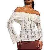 MakeMeChic Women's Lace T Shirt Off The Shoulder Floral Drawstring Bell Sleeve Zipper Back Y2k Tops