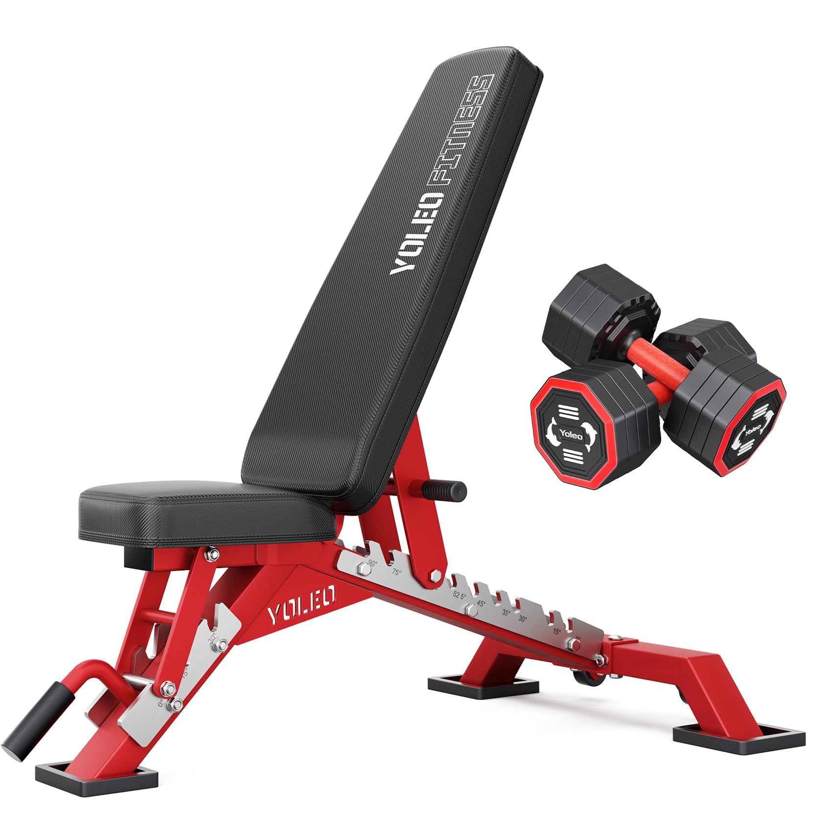 YOLEO Commercial Adjustable Weight Bench - MAX 2300LBS Heavy Duty Workout Bench for Home Gym, Decline/Flat/Incline Bench Press 2.4" Thick Pad (6-Step Assembly) (Weight Bench + 2 Dumbbells) Image
