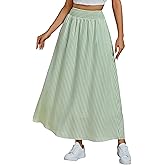 luvamia Striped Skirts for Women Maxi Long Flowy Trendy Smocked Elastic Waist Summer Beach Vacation Skirt with Pockets