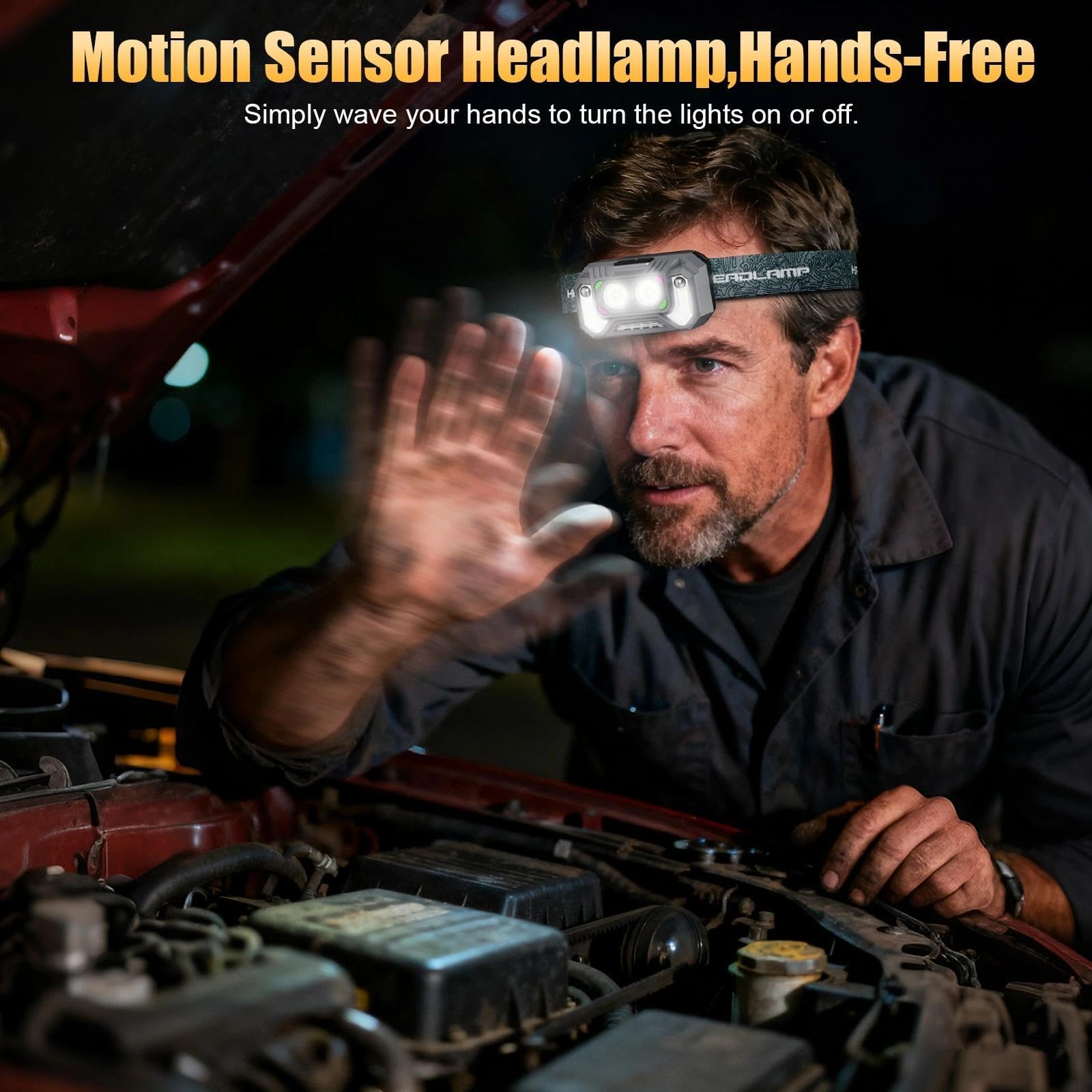 Condition photo showing New/Like New for led headlamp lightweight with red light motion sensor, 5 modes usb-c rechargeable, 6-hour runtime, waterproof headlight for camping, running, fishing, work, and emergencies, 5 pack t129 5 pack
