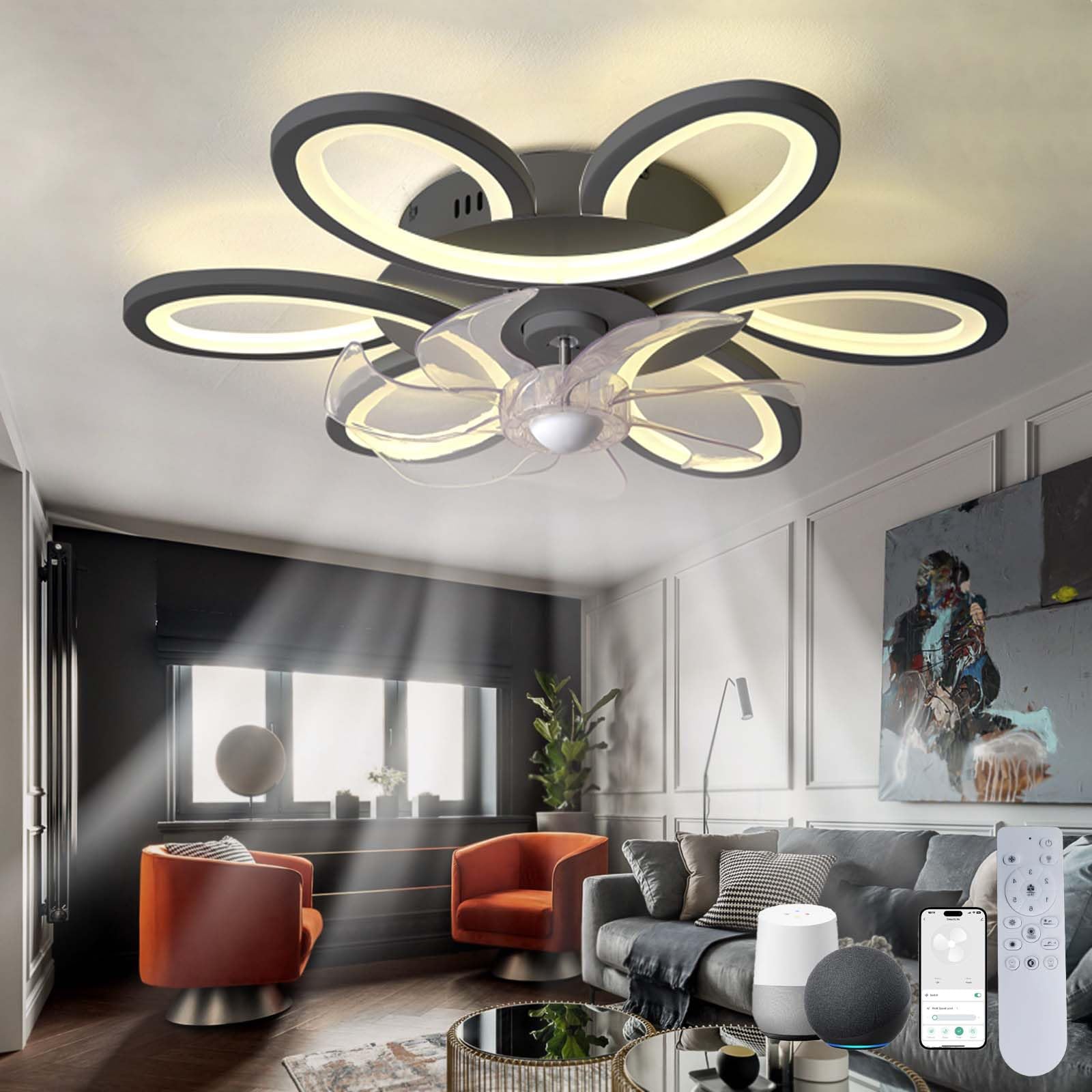 LED Ceiling Fan with Lighting Alexa Quiet Dimmable Flower Lamp with Fan for Bedroom Remote Control Reversible Ceiling Lamp with Fan Smart Modern for Living Room Kitchen
