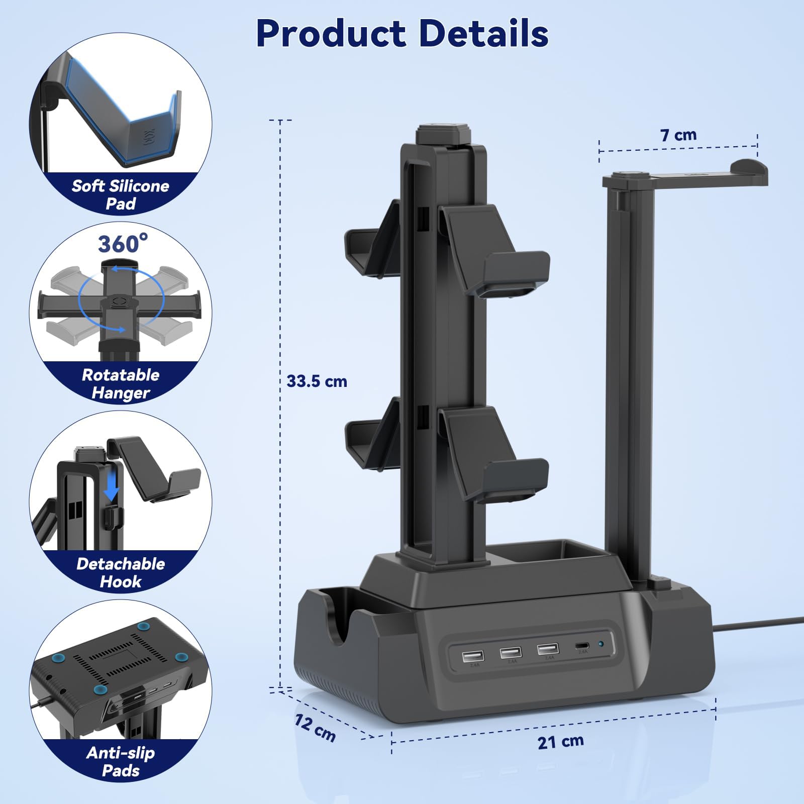 KDD Gaming Kopfhörer Ständer mit USB A Typ-C Ladegeräten, Headset Halterung Controller Halter mit Ladestation, Geräteschlitz für Handy Tablet, Kopfhörer für PC Gaming Zubehör 4