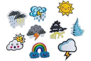Weather Themed Embroidered Iron on Patches, Rain Cloud Rainbow Sun Lightning Tornado Applique for Clothing, Jeans, Backpacks,