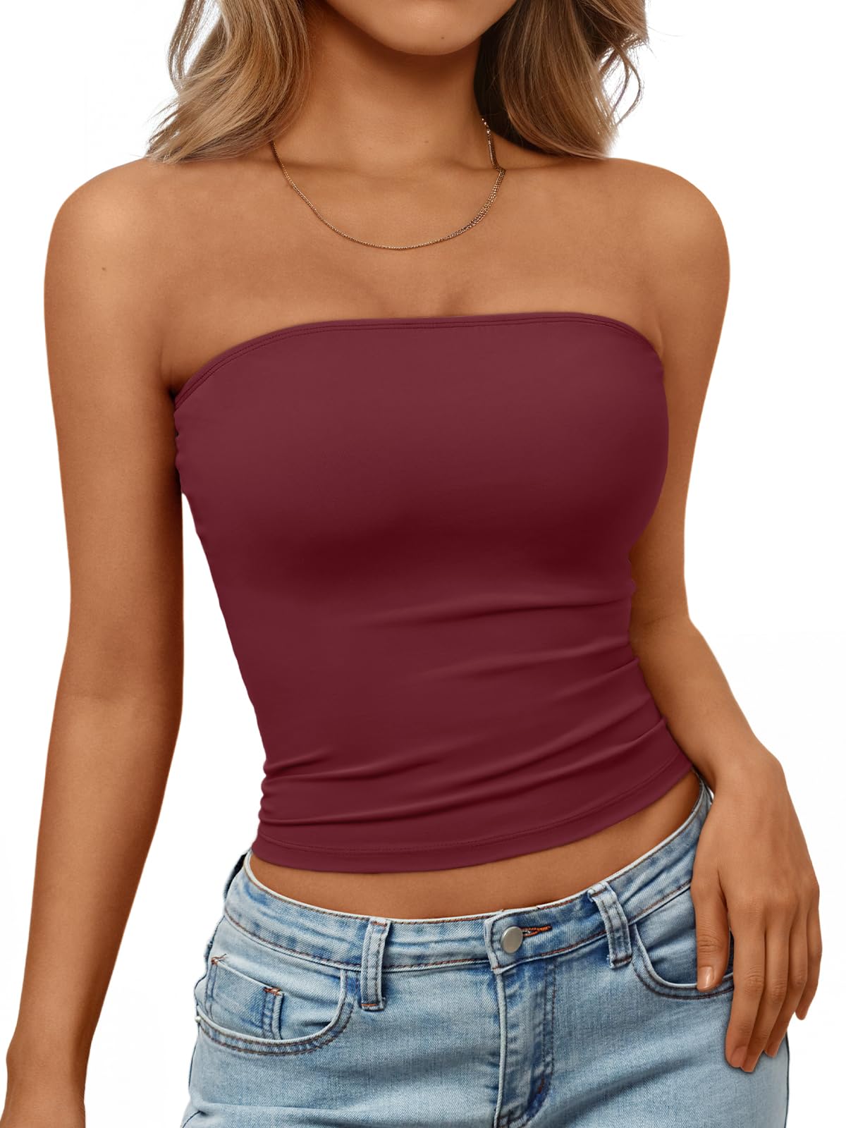 Photo 1 of Trendy Queen Womens Strapless Tube Tops Basic Backless Sleeveless Bandeau Going Out Crop Tops Cute 2025 Summer Clothes Burgundy XS