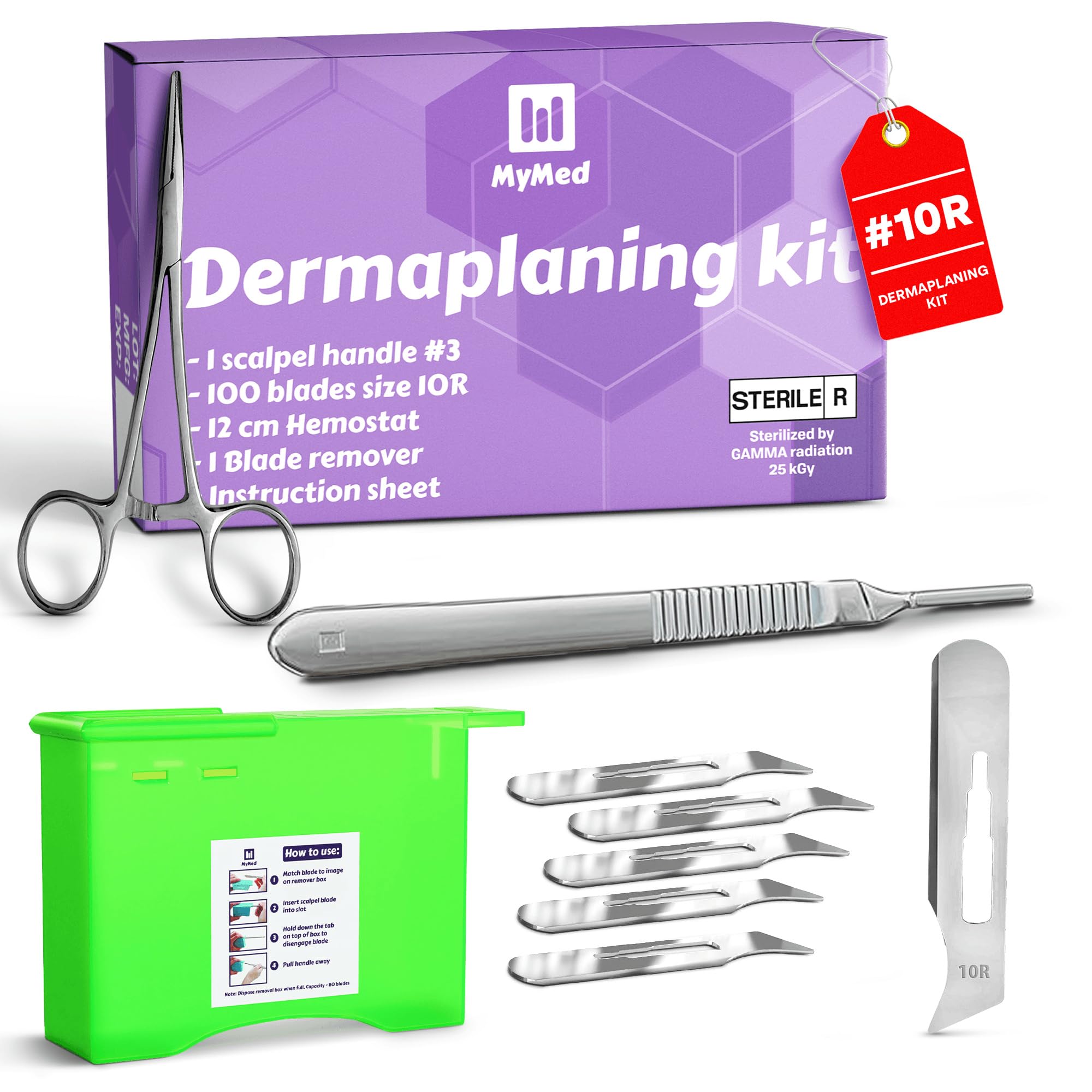 Photo 1 of 10R Blades Dermaplaning Kit Containing 10r Blades Scalpels Pack of 100 with Scalpel Handle #3 + 10R Scalpel Blade Remover Box + Hemostat by Mymed