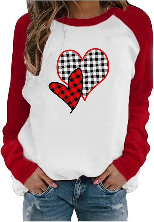 Valentines Pullover Sweatshirts for Womens Long Sleeve Plaid Patchwork Sweater Crewneck Casual 