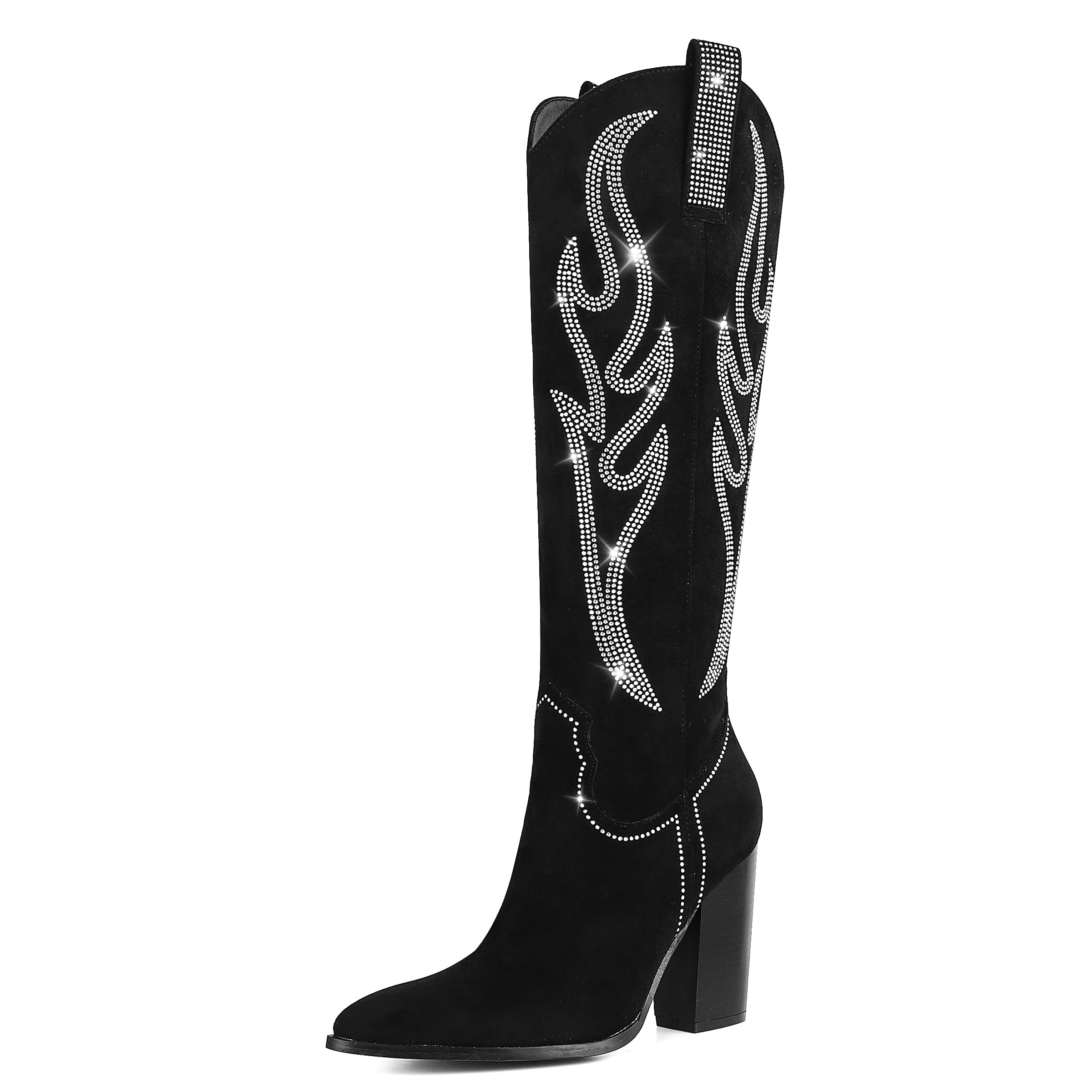Photo 1 of Celbreez Black Cowboy Boots for Women Suede Knee High Western Boots Rhinestone Embroidered Cowgirl Boots Wide Calf Pointed Toe Side Zip Long Boots Chunky Heel Tall Boots 9.5