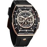 PC PARAS CROWN Mens Watches Luxury Tonneau Watch for Men Quartz Japanese Movement Waterproof Luminous Sport Red Dress Watch, Gifts for Men