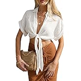 Ezbelle Women's Summer Crop Top Short Sleeve Deep V Neck Sexy Front Tie Casual Blouses Basic Shirt
