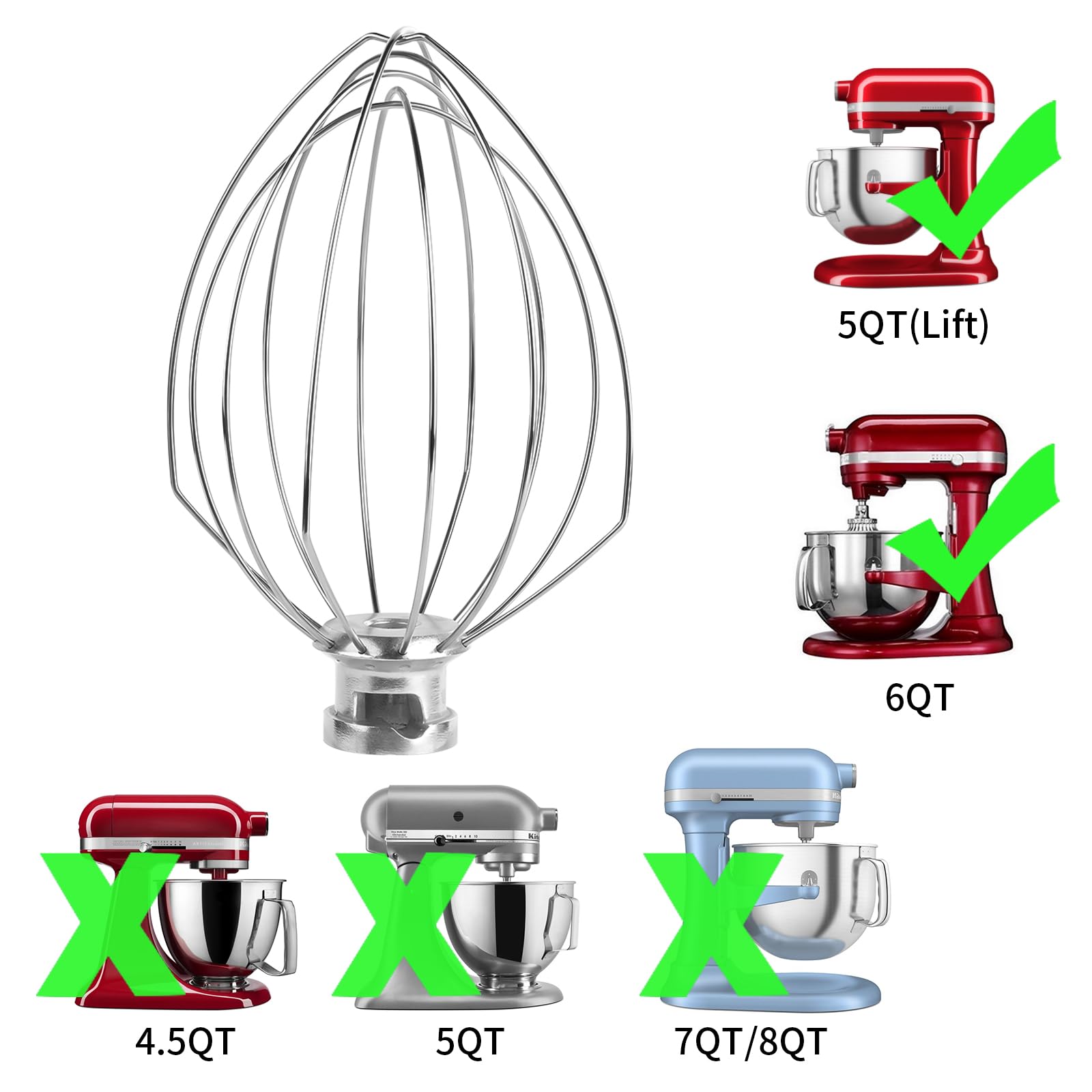 6 Wire Whisk Attachments Compatible with KitchenAid 5-6Quart Mixer, Bowl Lift Stand Mixer Accessories, 6-Quart Stainless Steel Whisk, Egg Cream, Cake Mayonnaise, For Multiple Models