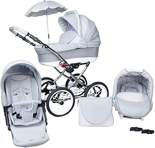 SKYLINE Klassisch Retro Stil LUX Kombi-Kinderwagen Buggy 3in1 Reise System Autositz (Isofix) (Grau/14&#34;Luft Bereifung)