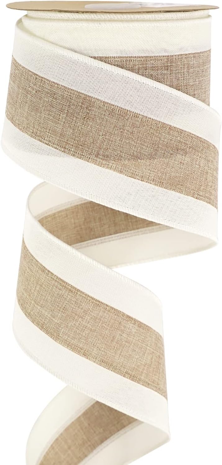 Bows & Ribbons - MEEDEE Burlap and White Stripe Ribbon 2.5 Inch Burlap Wired Ribbon with Ivory Burlap Edge Burlap Stripe Wired Ribbon for Wreath Garland Topper Bow Making Fall Christmas Wedding Decorations (10 Yards)