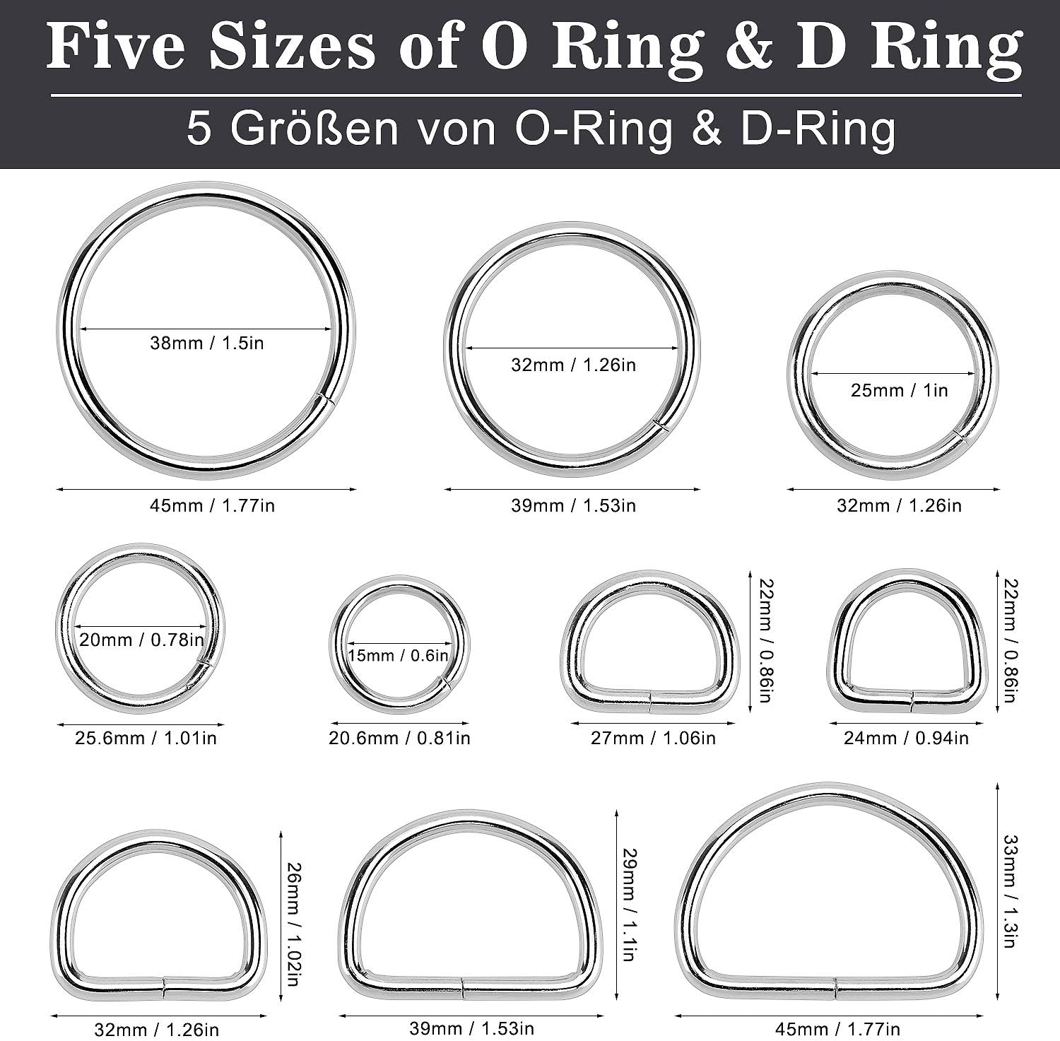Hysagtek 50 pcs Metal O Ring and D Ring, Non-Welded Metal Rings Multi-Purpose Buckles for Bag Straps Belts, Macrame - Image 3