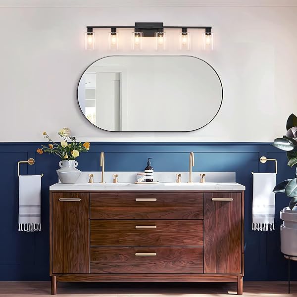 SOPEAS 6-LIGHT BATHROOM VANITY LIGHT BLACK VANITY LIGHTS FOR BATHROOM LIGHT FIXTURES MATTE BLACK 6 LIGHT FIXTURES WITH CLEAR GLASS SHADES FOR BATH OVER MIRROR