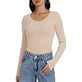 Lecieldusoir Women's Long Sleeve Shirts Scoop Neck Undershirt Ribbed Slim Fit Thermal Tops Going Out Base Layer Shirts