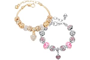 VTEAS 2 Pack Charm Bracelets Pink and Gold Heart Silver Plated Charm Bracelet, DIY Jewelry for Women Gifts, with Beads, Crystal, Charms, Love and Adjustable Snake Chain, Fits 7.5"+1.5"