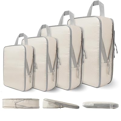 Compression Packing Cubes for Travel, 4 Set Expandable Packing Organizers, Lightweight Luggage Organizer Bags, Travel Essentials for Carry on, Handy Helper for Organizing Clothes, Off-White
