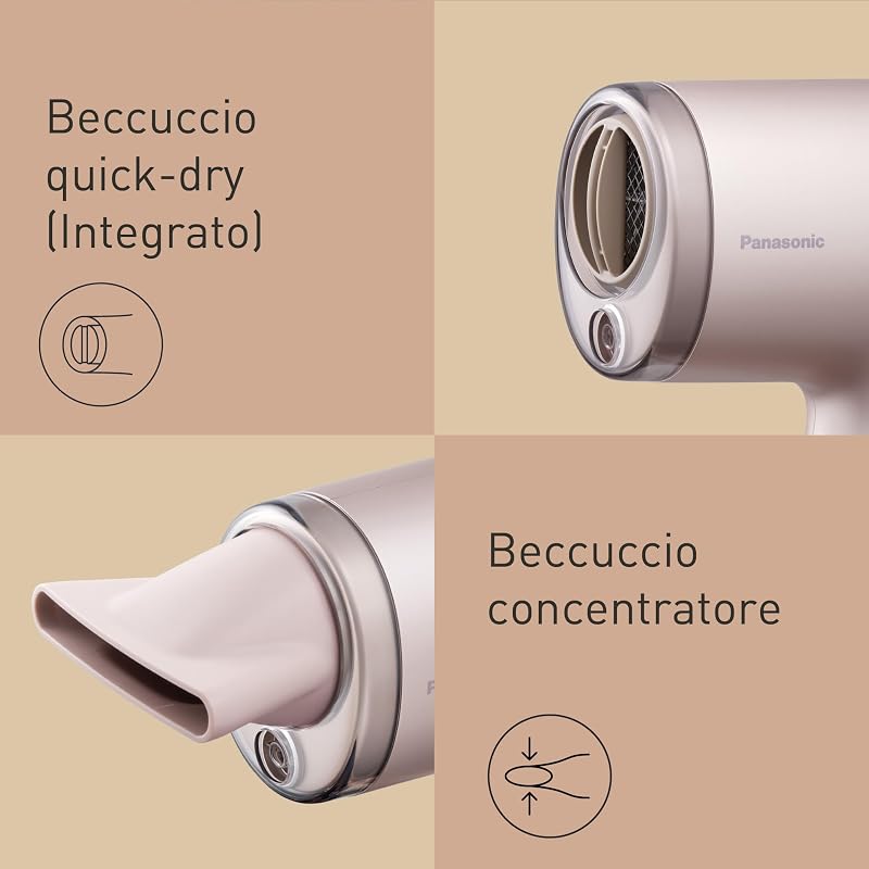 EH-NA7M-P825 Asciugacapelli Nanoe per Capelli Lucenti, Pieghevole, Asciugatura Rapida, Beccuccio Concentratore, 1600W, Rosa Chiaro