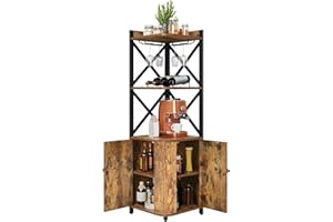 YITAHOME Corner Bar Cabinet with Glass & Wine Holder, Industrial Corner Shelf with Wine Storage, 5-Tiers Liquor Cabinet Bar for Home Kitchen, Living Dining Room, Brown