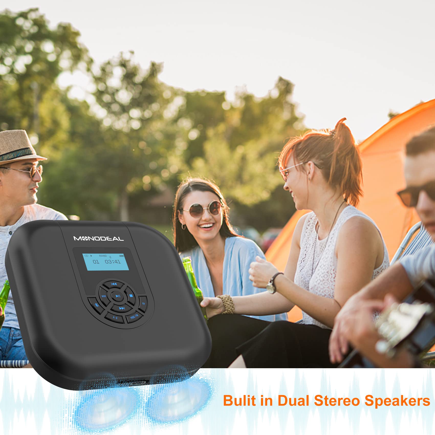 CD Player Portable, MONODEAL Bluetooth CD Player with Speakers and FM Transmitter, Rechargeable 1800mAh Player for Car and Home with LED Screen