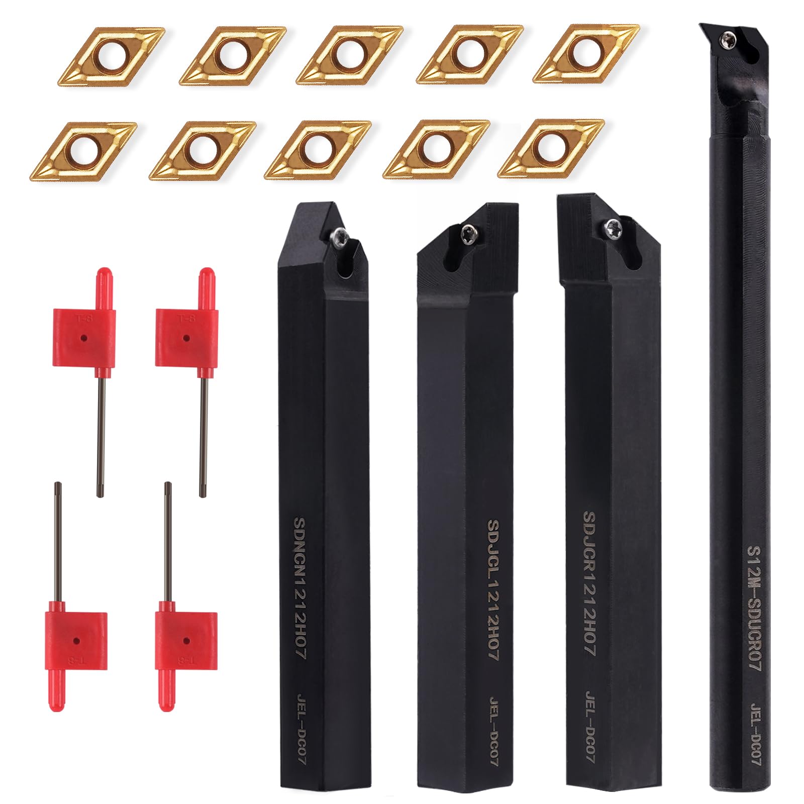 Photo 1 of Gluwoer Indexable Lathe Turning Tool 1/2" Shank 14PCS Kit-4PCS Metal Lathe Tools Holder 10PCS DCMT21.51 Carbide Insert for Turning Boring Grooving SDJCR1212H07/SDNCN12120H07/SDJCL1212H07/S12M-SDUCR07