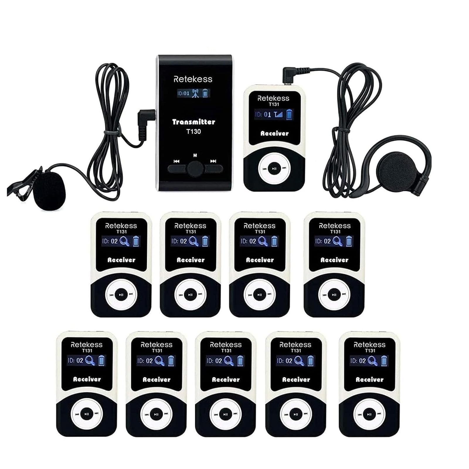Retekess T130-T131 Wireless Tour Guide System, Audio Tour Guide System, PLL Technology, 60m, 12H Standby, Tour Guide Microphone, Applies toFactory Tours, Travel, College(1 transmitter 10 receivers)