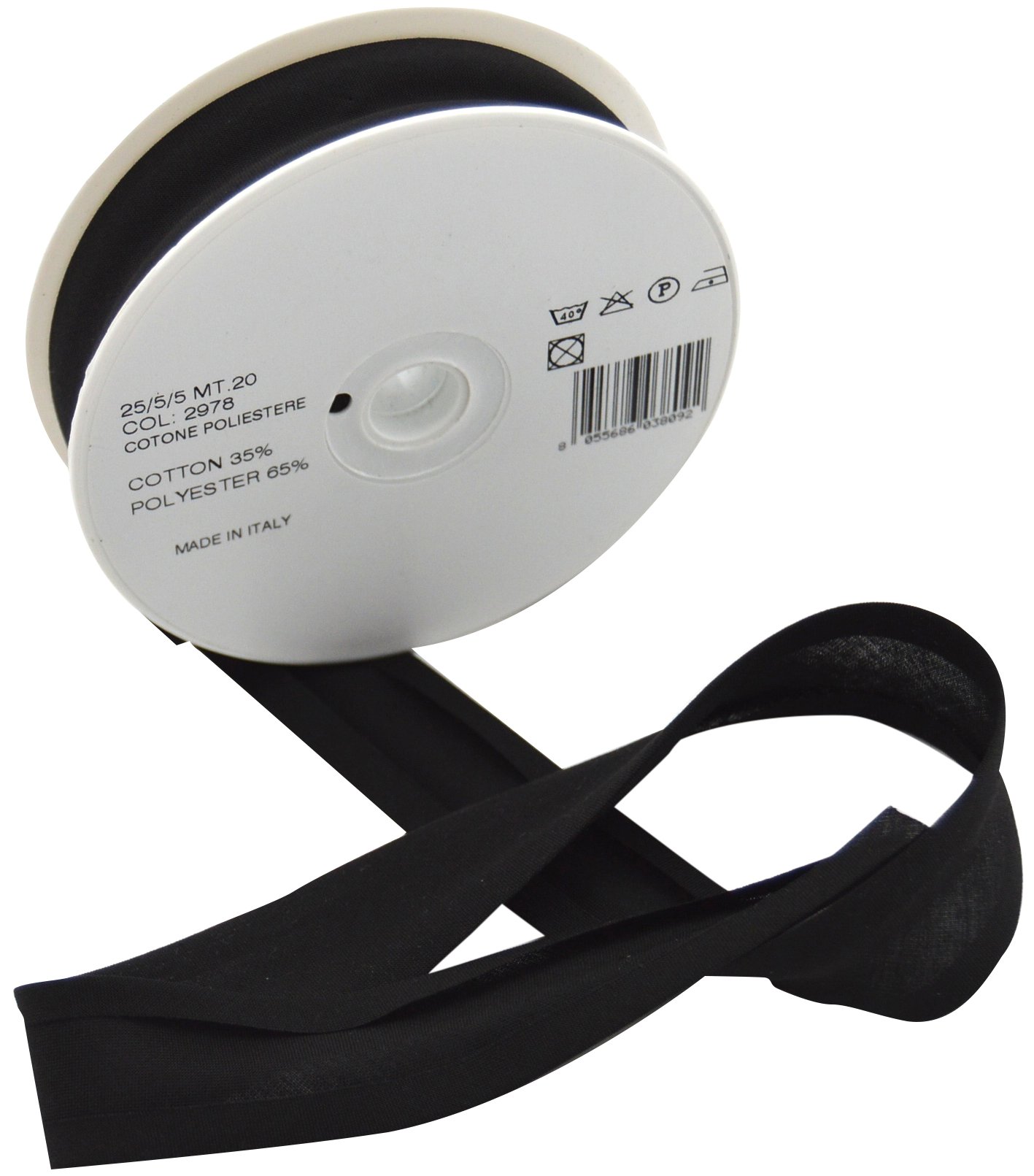 Inastri 25/5/5 mm Bias Binding-Col. 2978-BLACK-20m Roll, polycotton, Black — image 1