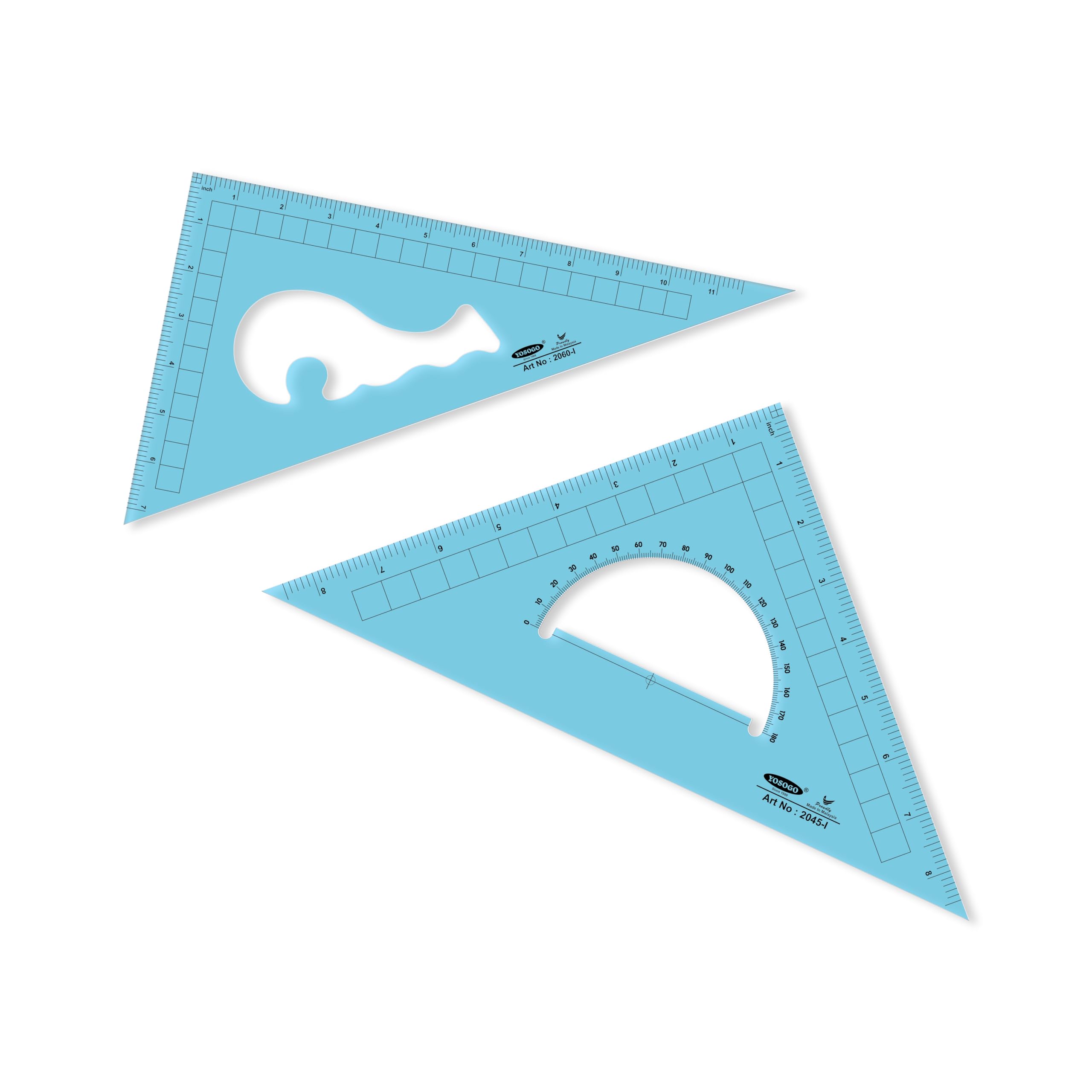 Yosogo Pack of 2 Large Transparent Triangle Ruler Set Square: 12 Inch- 30/60 Degree & 9 inch 45/90 Degree | Essential for School and Work use (INCH Scale)