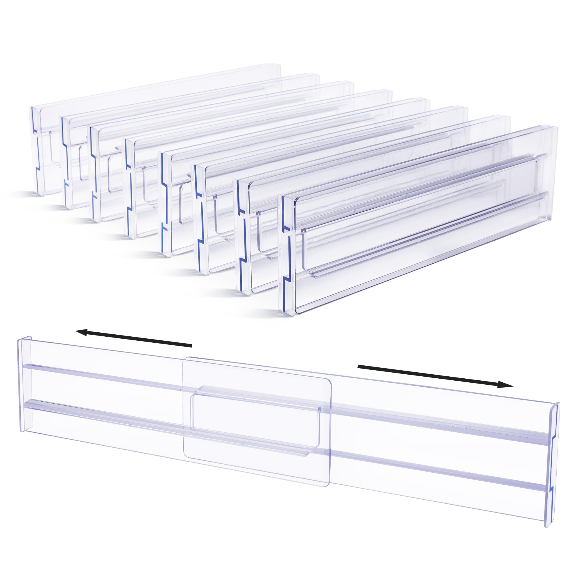Vtopmart 8 Pack Drawer Dividers, 3.2" High Expandable from 12.2-21.4" Adjustable Drawer Organisers，Clear Plastic Drawers Separators for Clothing, Kitchen Utensils and Office Storage