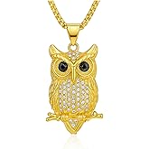 Fanshu Owl Necklace, Stainless Steel Gold Plated Iced Out Hip Hop Punk Owl Bird Animal Tree Branch Charm Pendant Collar Chains Necklace for Men Women Couple Gift Fashion Jewelry