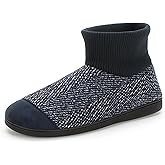 Cozylook Men's Slippers with Knitted Cuff Cozy Memory Foam Non-slip Indoor Outdoor Slipper Socks with Rubber Sole Navy Blue Size 8-9